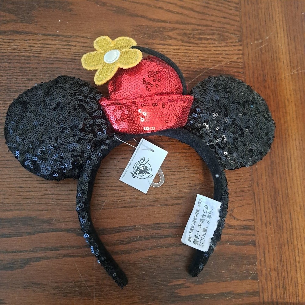 Disney Parks Minnie Mouse Sequin Ear Headband Red Pillbox Hat Yellow Flower NWT